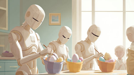 Robots are carefully painting colorful Easter eggs in a cheerful kitchen while sunlight fills the room through large windows.の素材