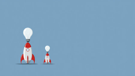 Two creative rockets topped with light bulbs stand on a blue background, symbolizing ideas and inspiration in a whimsical manner.の素材