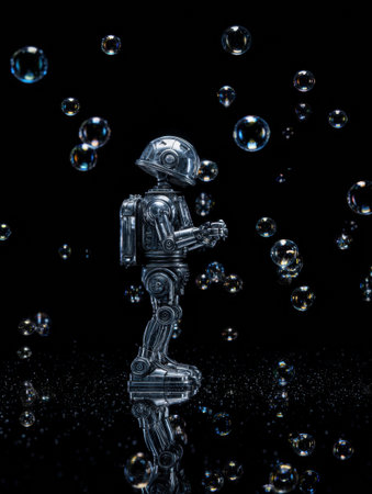 A robot toy is positioned on a reflective surface, surrounded by floating bubbles that create a whimsical scene in darkness.の素材