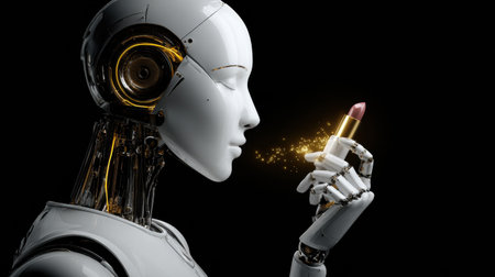 A robot gracefully holds a lipstick, preparing to apply it, blending beauty and advanced technology in a captivating moment.の素材