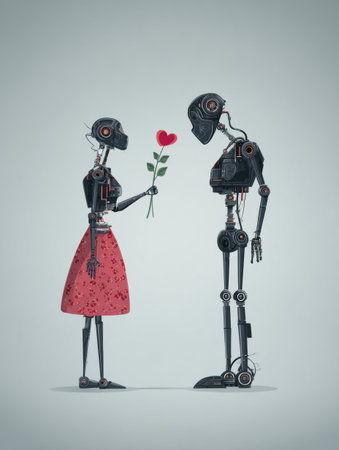 Two robots stand facing each other, one offers a flower to the other in a charming setting that blends technology and emotion.の素材