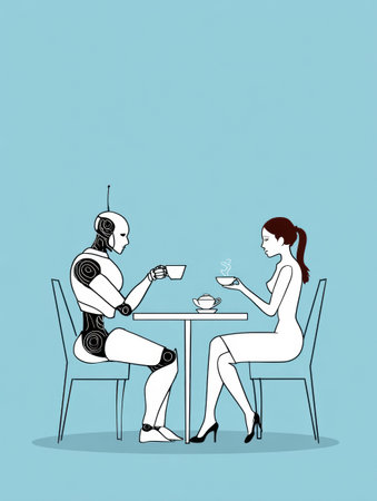 A robot and a woman sit at a table, each holding a cup of coffee, in a simple, stylish environment.の素材