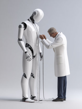 A skilled professional adjusts a measuring tape on a humanoid robot, showing the blend of technology and craftsmanship in futuristic design.の素材