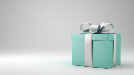 A teal gift box with a silver ribbon sits elegantly on a bright background, hinting at a special occasion.の素材
