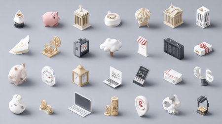 Collection of detailed miniatures depicting themes of finance, technology, and architecture arranged neatly against a soft backdrop.の素材