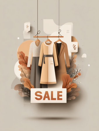 Stylish clothing is showcased on hangers, featuring warm colors and inviting designs, aimed at attracting shoppers to a sale.の素材