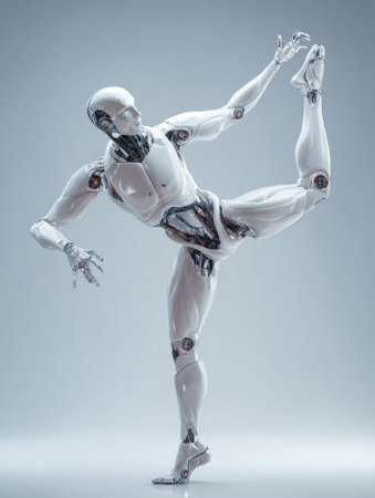 A sleek, humanoid robot is captured mid-dance, showing its graceful posture and articulated joints in a modern setting.の素材