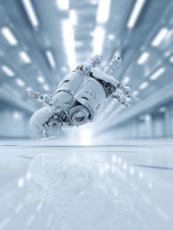 A robot is suspended in mid-air in a sleek, modern space filled with bright lights and glossy floors. The scene conveys advanced technology.の素材
