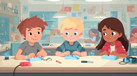 Three children are focused on building projects at workstations in a classroom filled with creative activities and peers concentrating on their tasksの素材