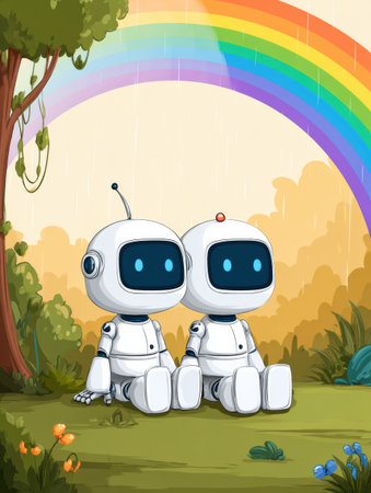 Two friendly robots sit side by side in a vibrant landscape while a rainbow arches in the background against a sunny sky.の素材