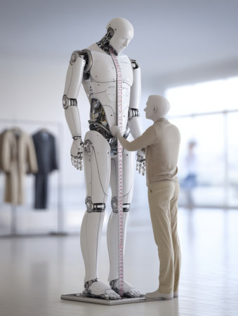 A person measures the height of a large humanoid robot in a bright, modern showroom filled with clothing displays.の素材