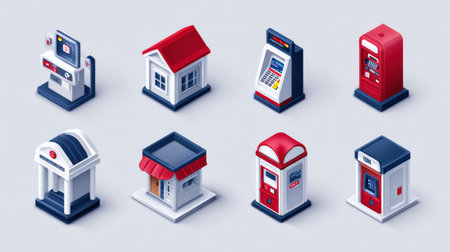 Collection of detailed miniature building models featuring a bank, kiosks, and vending machines on a plain surface.の素材