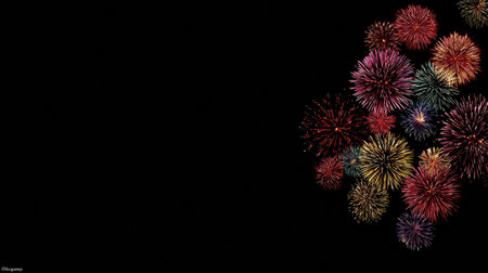 A stunning array of vibrant fireworks bursts fills the dark night sky, showcasing excitement and joy during a lively celebration.の素材