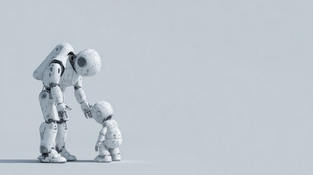 A robot bends down to touch the head of a small child in a simple, calm setting conveying a sense of connection and care.の素材