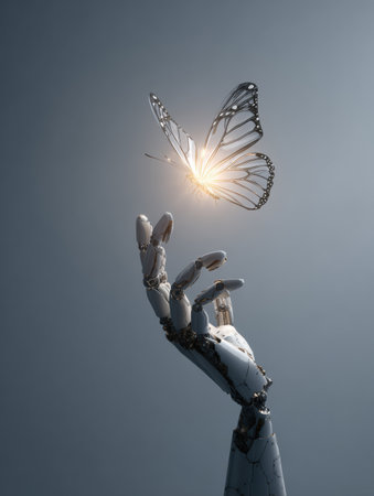 A mechanical hand extends gracefully towards a luminous butterfly, creating a moment of connection between technology and nature.の素材