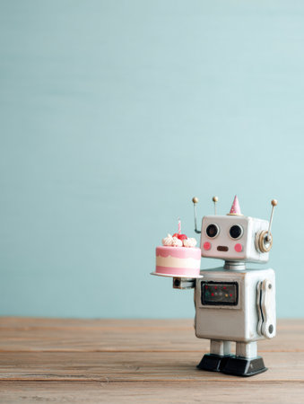 A cheerful robot stands on a wooden surface, proudly presenting a decorated birthday cake with a pink theme and single candle.の素材