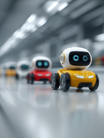 Brightly colored toy robots stand in a factory, prepared for an engaging activity in a futuristic space filled with technology.の素材