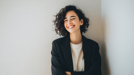 A cheerful woman stands confidently with her arms crossed, beaming a bright smile while leaning against a white wall.の素材