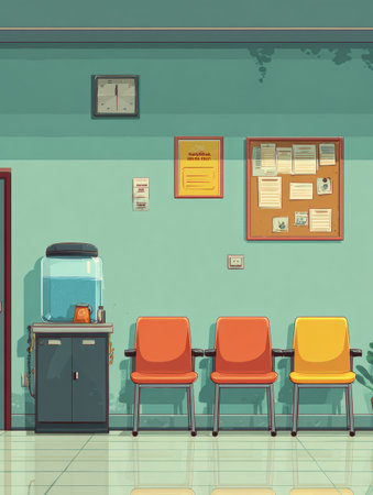 Bright waiting area featuring orange and yellow chairs, a water cooler, and bulletin board, ideal for a calm atmosphere.の素材