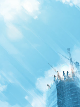 Workers stand at the top of a tall building under a bright blue sky, engaging in construction activities during the daytime.の素材