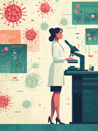 A scientist is focused on examining samples using a microscope, surrounded by digital data and virus illustrations in a lab environment.の素材