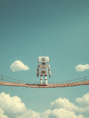 A robot is carefully balanced on a narrow wooden bridge with a bright blue sky and soft clouds overhead during daytime.の素材
