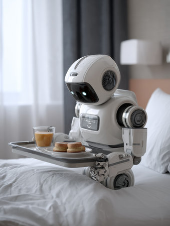 A robot delicately holds a tray with a drink and pastries, presenting breakfast in a stylish hotel room brightened by soft morning light.の素材