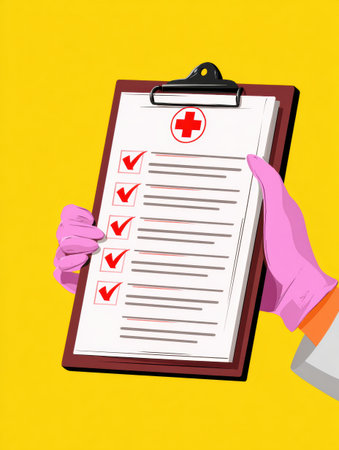 A healthcare worker in gloves holds a checklist with ticks, set against a vibrant yellow background, symbolizing preparedness.の素材