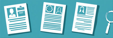 Three resumes displayed on a teal background with icons representing professional profiles and a magnifying glass for search activities.の素材