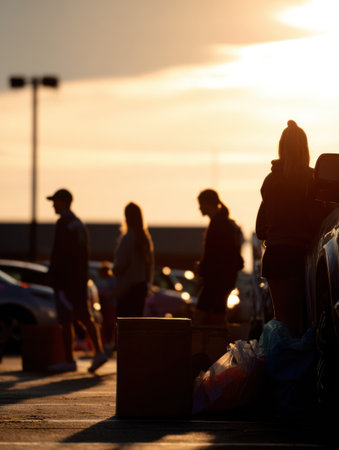 People are silhouetted against the warm glow of the sunset while interacting by parked vehicles in a busy area.の素材