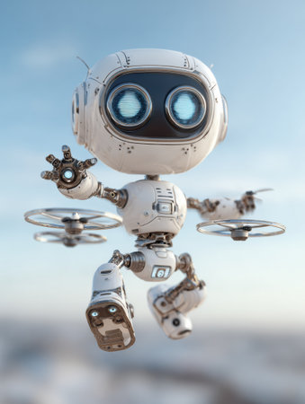 A small robot with blue eyes and propellers is flying over a snowy landscape under a clear sky. The scene captures a playful moment in daylight.の素材