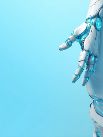 A robotic hand extends towards the viewer against a vibrant blue backdrop, illustrating cutting-edge artificial intelligence and design.の素材