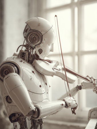 A humanoid robot skillfully plays the violin, showcasing intricate mechanics and a serene atmosphere with natural light entering the room.の素材