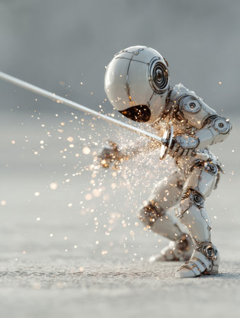 A robot engages in a sword fight, creating sparks in a bright industrial area with a gritty texture.の素材