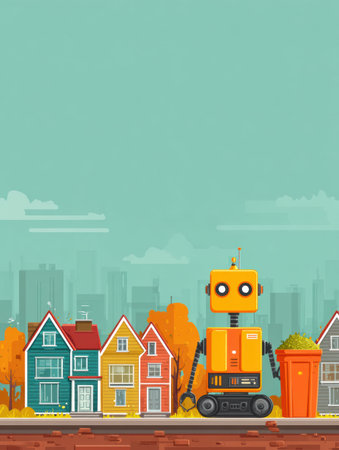 A cheerful robot is positioned near colorful houses, with trees showing autumn colors and a city skyline in the distance.の素材