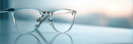 Transparent glasses sit on a smooth surface, reflecting soft light in a serene setting, capturing a peaceful morning ambiance.の素材
