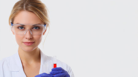 A female scientist with protective eyewear smiles while holding test tubes containing red liquid in a laboratory setting.の素材