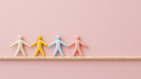 Playful figures in pastel shades stand hand in hand on a rope, set against a soft pink background, symbolizing unity and togetherness.の素材