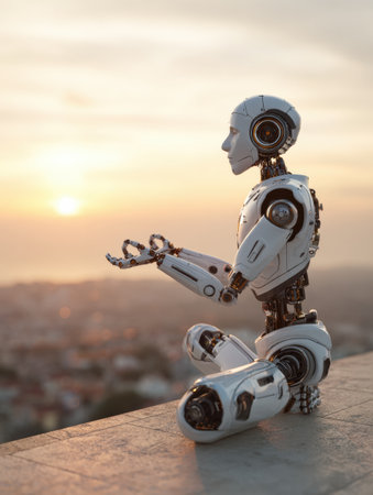 A human-like robot sits in a meditative pose, showing its intricate design as the sun sets over the city skyline in the background.の素材