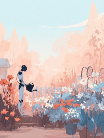 A robot tends to vibrant flowers in a peaceful garden at sunset, showing a blend of technology and nature.の素材