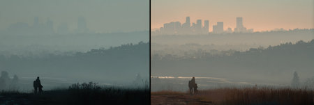 A person walks along a path amidst dense morning fog, with a city skyline faintly visible in the distance.の素材