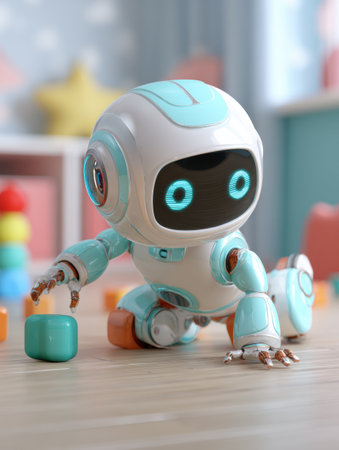 Small robot explores colorful building blocks on a wooden floor in a cheerful childrens playroom filled with toys.の素材