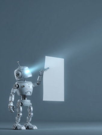A small robot displays a blank sheet of paper while standing on a smooth surface in a modern, minimalistic environment with soft lighting.の素材