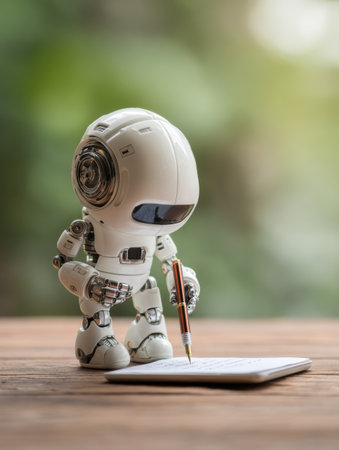 A small robot stands on a wooden surface, writing on a notepad with a pen in a green outdoor environment.の素材