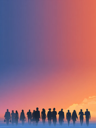 A diverse group of individuals strolls along the shoreline, silhouetted by a stunning sunset with warm colors.の素材