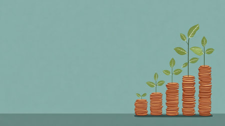 Stacks of coins gradually increase in height, each topped with green plants, representing financial growth and investment potential.の素材