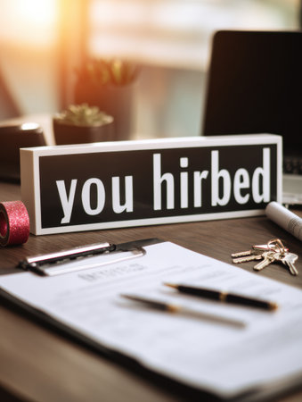 A desk displays a sign saying you hirbed alongside office supplies and natural light, creating an encouraging work atmosphere.の素材