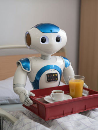 A robot carries a tray with coffee and juice, providing breakfast to a patient in a hospital bed, highlighting advancements in caregiving.の素材