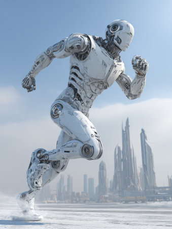 A sleek robotic figure is sprinting across a futuristic city landscape, showing advanced technology and dynamic movement on a bright day.の素材