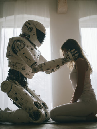 A humanoid robot gently touches the forehead of a woman sitting on the floor, conveying a moment of connection in a bright room.の素材